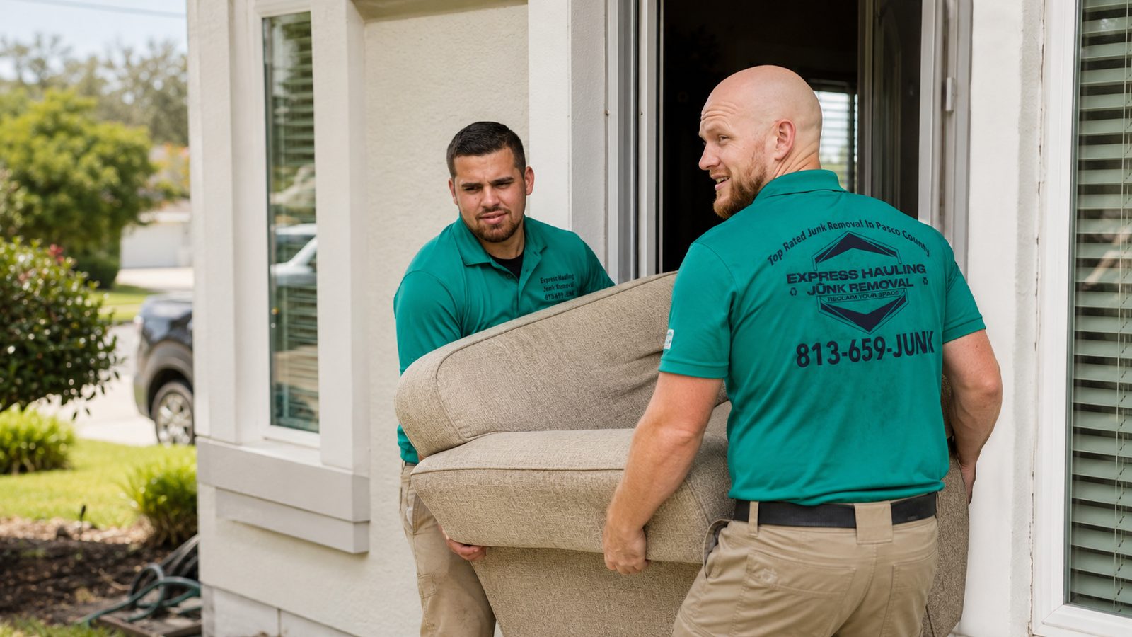Express Hauling & Junk Removal crew handling furniture removal in Zephyrhills